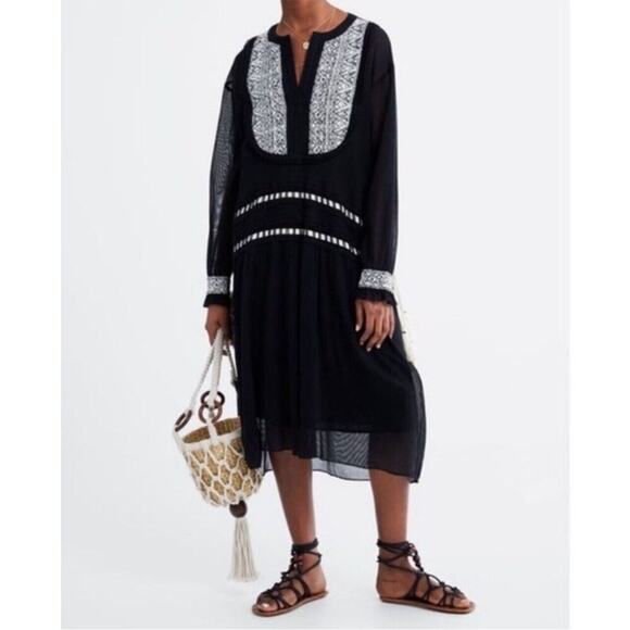 Zara Embroidered Black Midi Kaftan Lightweight Beach Bohemian Size Small Beachy - Picture 1 of 10